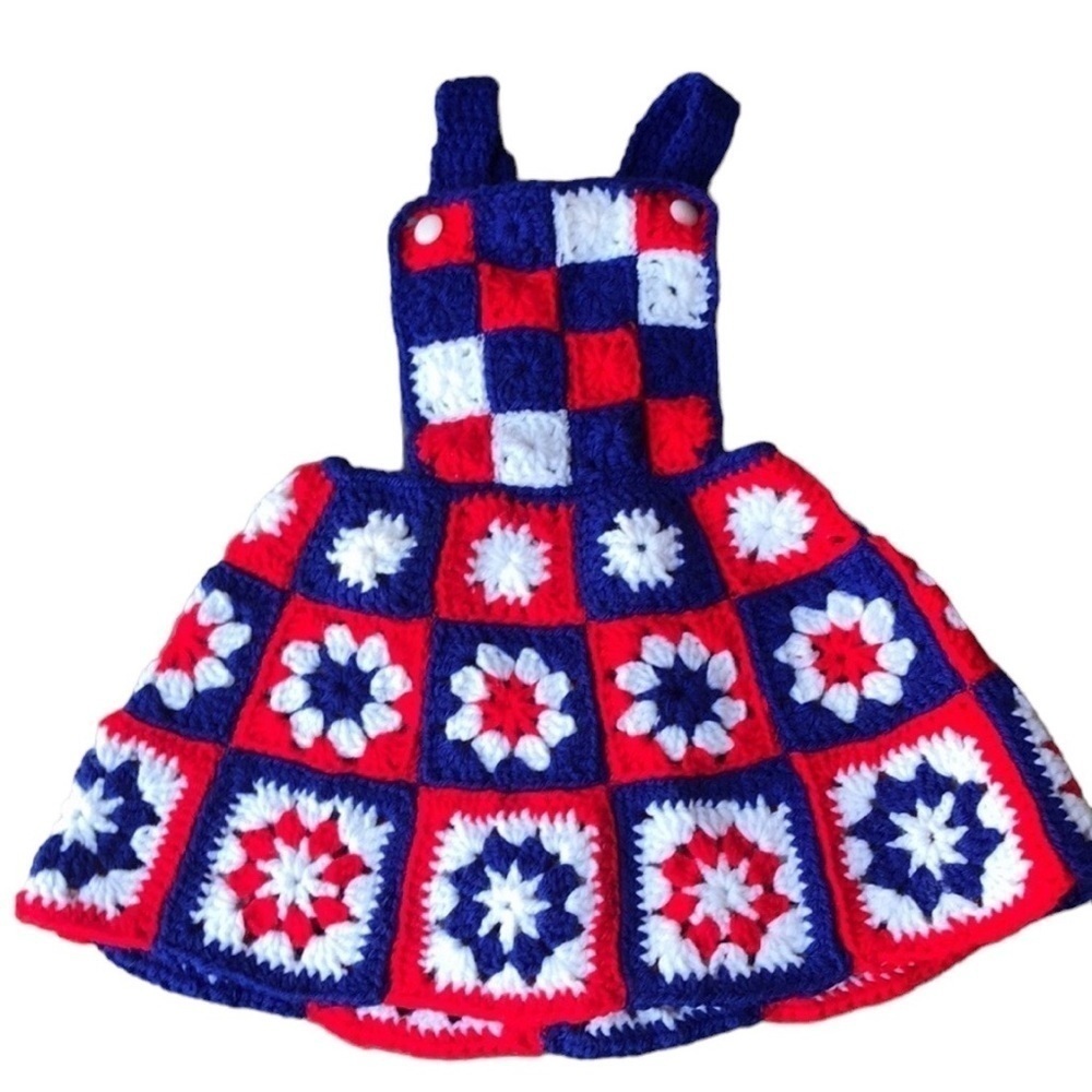 Handmade Crochet Granny Square Overall Dress Red White Blue USA 4th July
